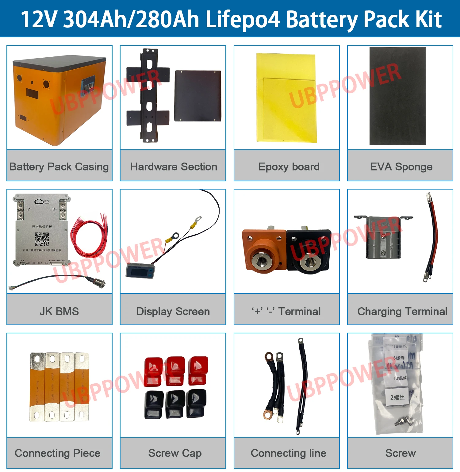 UBPPOWER 280Ah 304Ah Lifepo4 Battery Bax Kit Case Rechargeable Lithium Cell Lifepo 12V 24V 48VDIY Vans RV Boats Golf Carts Solar