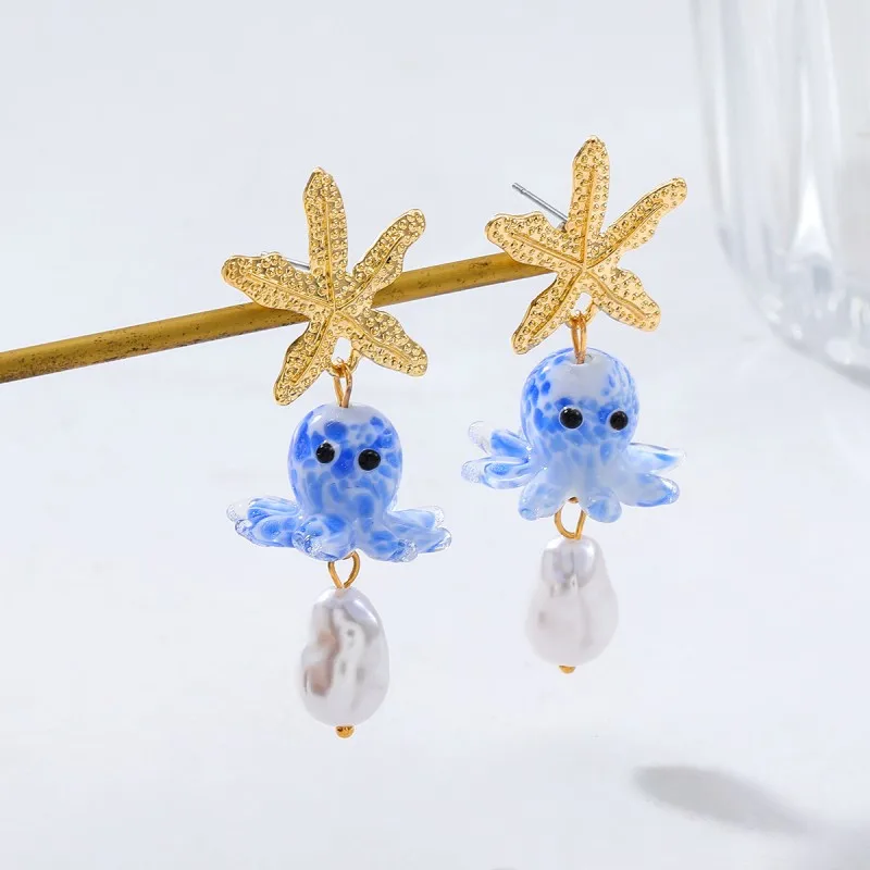 Cute Octopus Earrings Creative Glass Octopus Long Drop Earrings Unqiue Marine Series Design Earrings Wholesale Custom Packaging