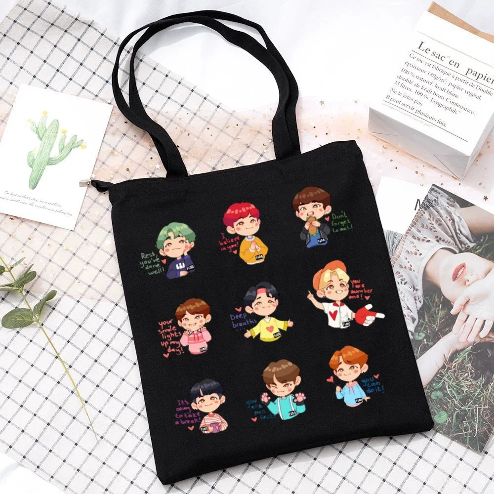 

Reusable Eco-Friendly Shopping Bag SKZ Printed Canvas Handbag Simple Creative Shoulder Crossbody Bag Kpop Star Fan Support Goods