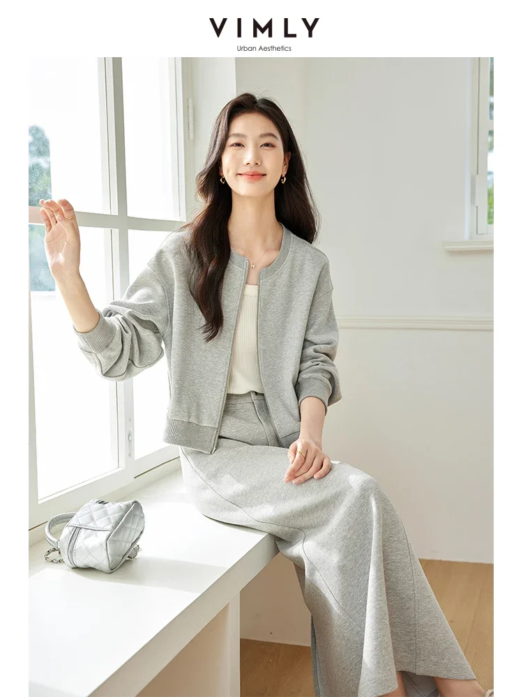 VIMLY Women\'s Simple Casual Solid Cardigan Sweatshirt Suit Autumn Long Straight Skirt Two-piece Set Female Office Lady SetM8301