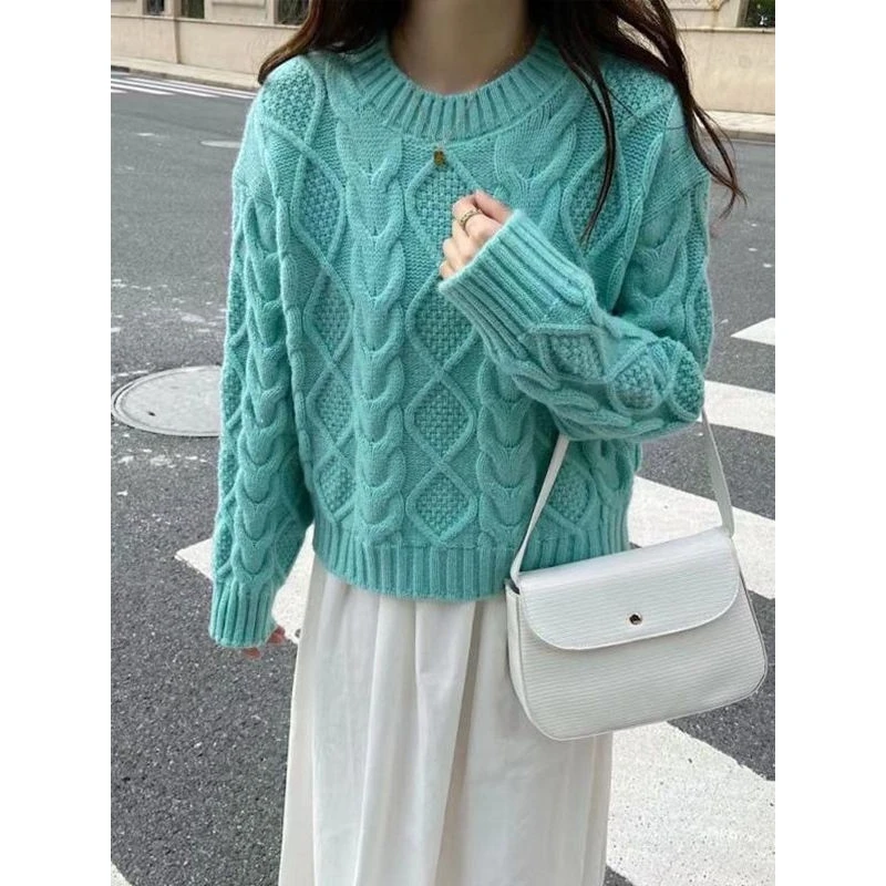 เสื้อไหมพรมถักลายปม ไหมเส้นใหญ่ ใส่เป็นเสื้อตัวใน สไตล์เกาหลี ญี่ปุ่น สำหรับฤดูใบไม้ร่วง ฤดูหนาว แฟชั่นผู้หญิง ทรงกลม คอวี