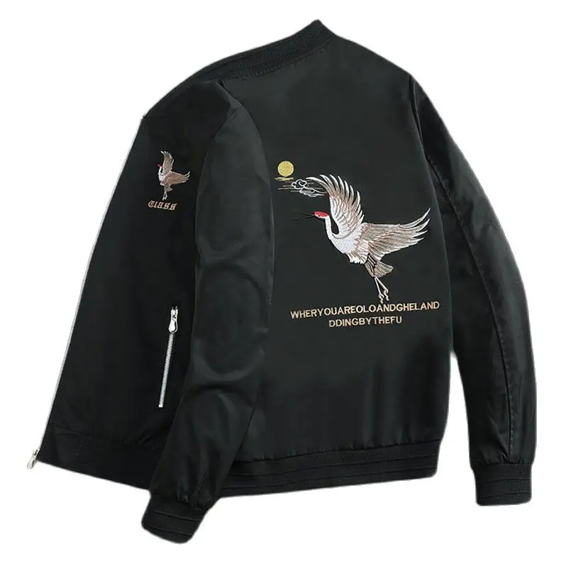 

Sukajan Jacket Men Crane Embroidered Bomber Jackets Harajuku Long Sleeve University Coat For Teenagers Coats Y1