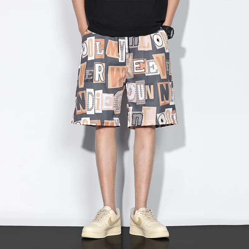 سراويل شاطئ للرجال من الحرير الجليدي صيفية رفيعة قابلة للتنفس وطباعة غير رسمية فضفاضة رياضية متوسطة الطول للشباب قابلة للتنفس بأرجل مستقيمة #5