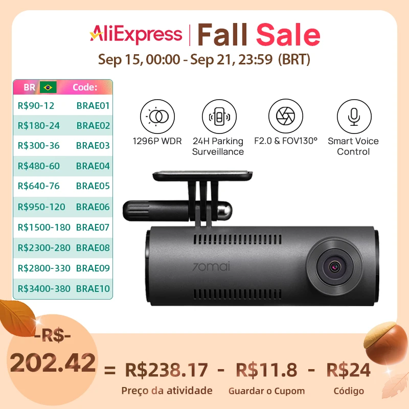 70mai Dash Cam M310 Câmera de carro 1296P Visão noturna 70mai M300 Gravador DVR de carro 24H Modo de estacionamento WIFI e controle por voz por aplicativo