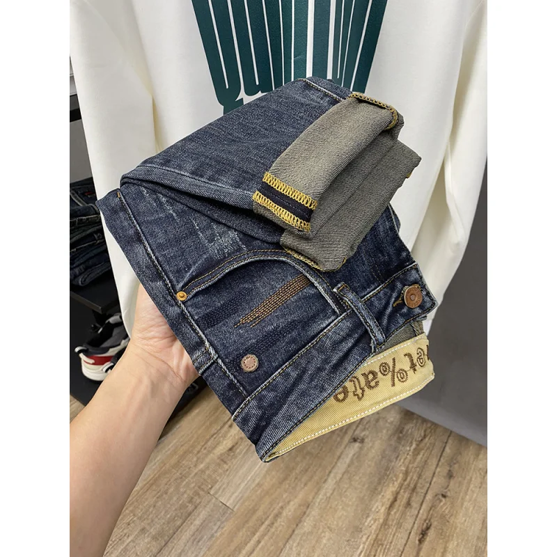 Casual jeans men's autumn and winter new style with fleece insulation men's clothing elastic slim fit small foot trendy pants