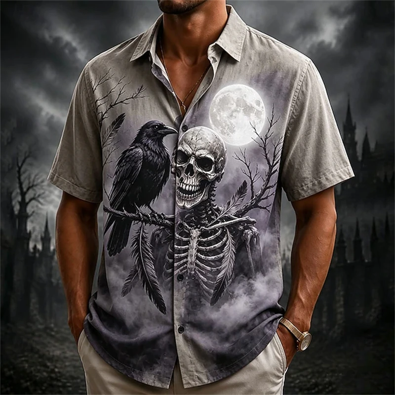 2026 New Casual Short-Sleeve Shirt with Lapel Castle Raven Skull and Pumpkin Halloween-Themed Print Button-Down Shirt