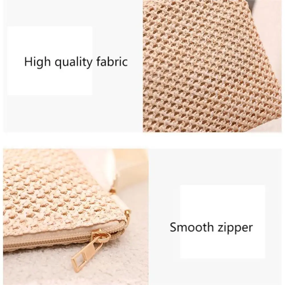New Grass Woven Long Wallet Wrist Strap Large-capacity Coin Purses Solid Color Beach Handbag Lady