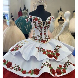 2024 Prom Dress Gorgeous Embroidery Charro Quinceanera Off The Shoulder Bow Tiered Satin Ball Gown Sweet Evening Party