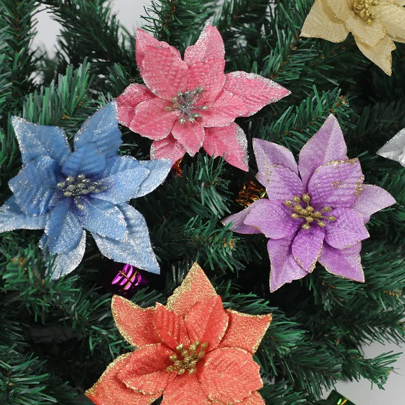 5/10PCs Christmas Decorations Glitter Artificial Flowers Xmas Tree Decor for Home Party 2023 Navidad New Year Ornaments Gift