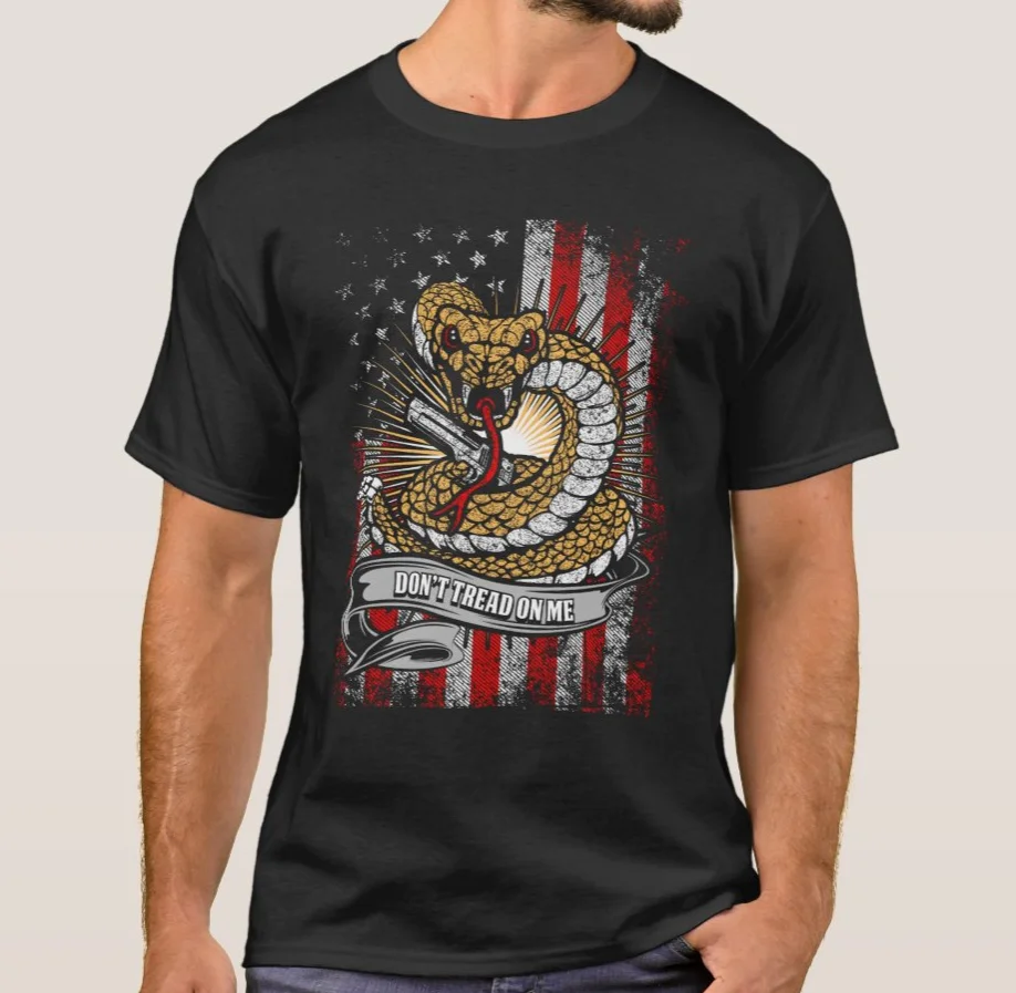 Don't Tread on Me. Personalized Rattlesnake American Flag T-Shirt 100% Cotton O-Neck Short Sleeve Casual Mens T-shirt Size S-3XL