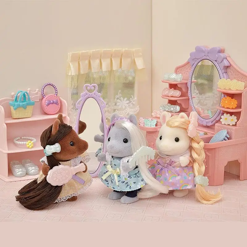 Oryginalny zestaw Sylvanian Families Pony Sisters do salonu fryzjerskiego, dekoracja na biurko, zabawka kolekcjonerska, prezent urodzinowy - dostępny od ręki.