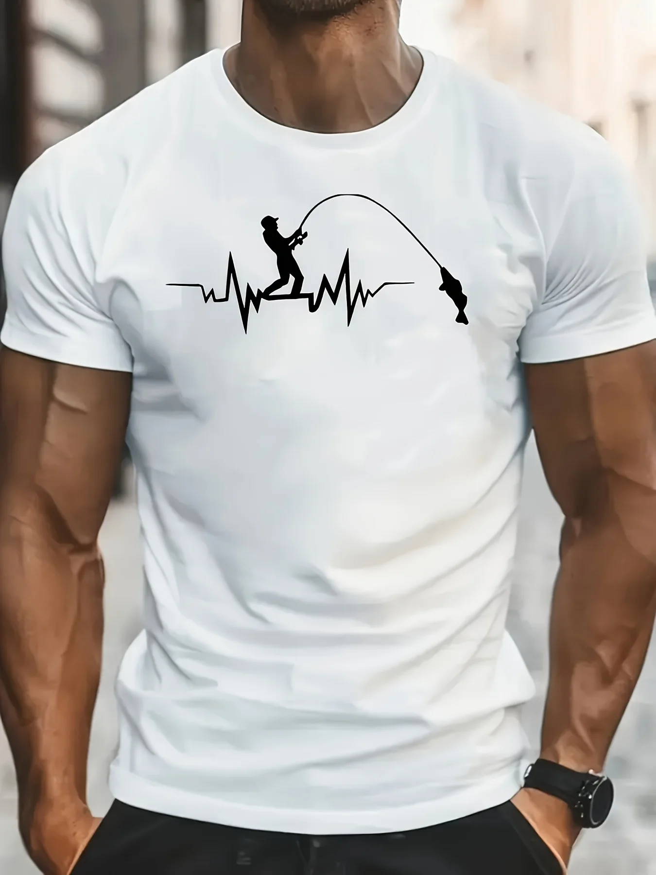 

Fishing Heartbeat ECG Line Graphic Tee Men's Casual Short Sleeve Cotton T-Shirt Travel