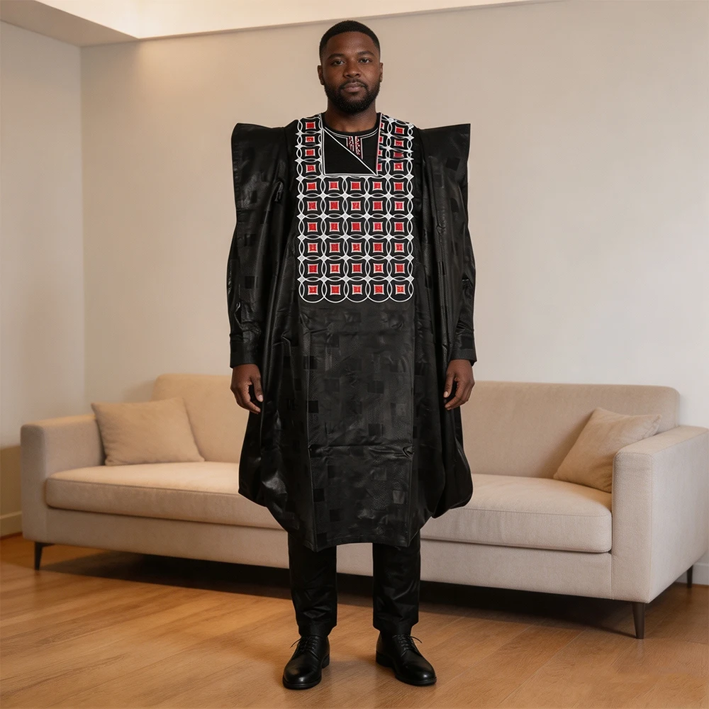 3 PCS Set African Clothes for Men Dashiki Tradition Outfit Robe Embroidery Tops Pants Suits Bazin Muslim Wedding Party Clothing