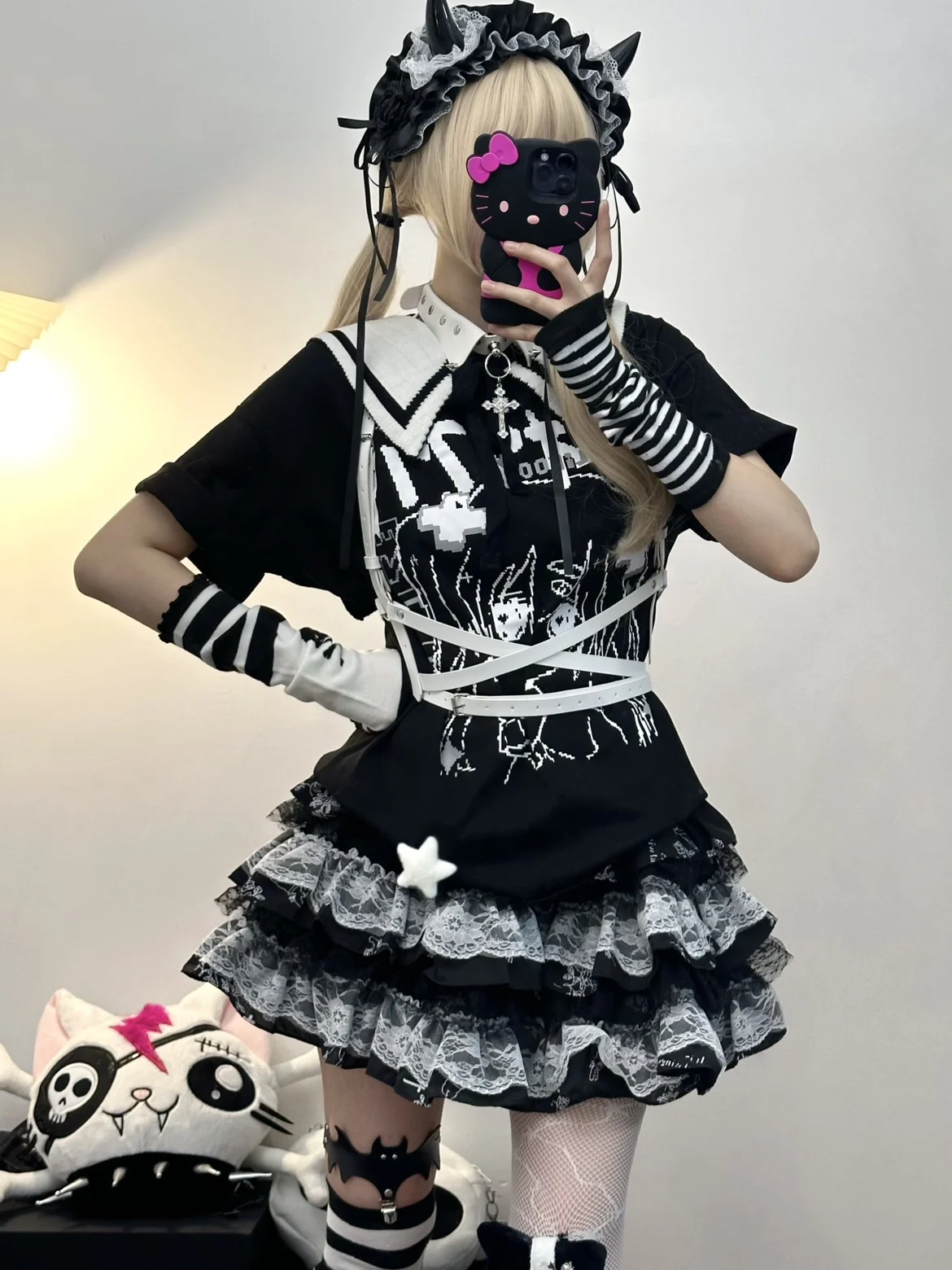 

Harajuku Japanese Y2k Multi Layers Cake Skirts Women Subculture Punk Gothic Print Vintage Lace-trimmed Puffy Mini Skirt Black