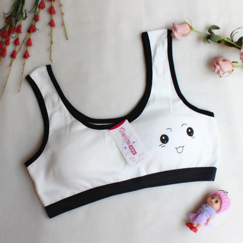 Cute Cartoon Smiling Girl Development Period Bra No Steel Ring Cotton Sports Vest Student Girl Training Bra Tops 8-16T