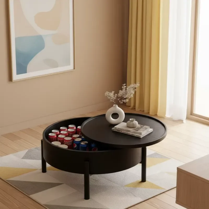 Retro Rotating Round Coffee Table for Small Apartments, Modern Minimalist Black Side Table with Storage
