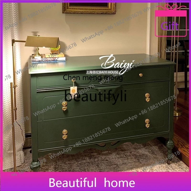 

French Retro Entryway Storage Cabinet Light Luxury High-End Feel Living Room Solid Wood Chest of Drawers Storage Cabinet