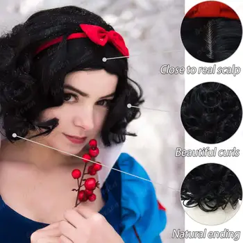 女士合成短黑色捲髮波波頭假髮,白雪公主角色扮演假髮,配上紅色蝴蝶結髮箍,適合萬聖節角色扮演派對 8 最佳銷售 公主假髮 - №5