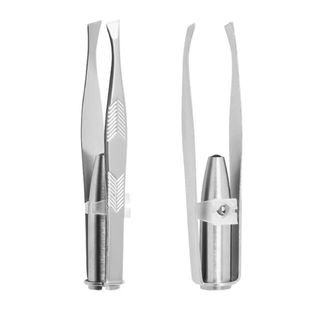 Stainless Steel LED Eyebrow Tweezers Angle Mouth with Light Eyebrow Tweezer Oblique Tip Slanted False Eyelashes Curler Women