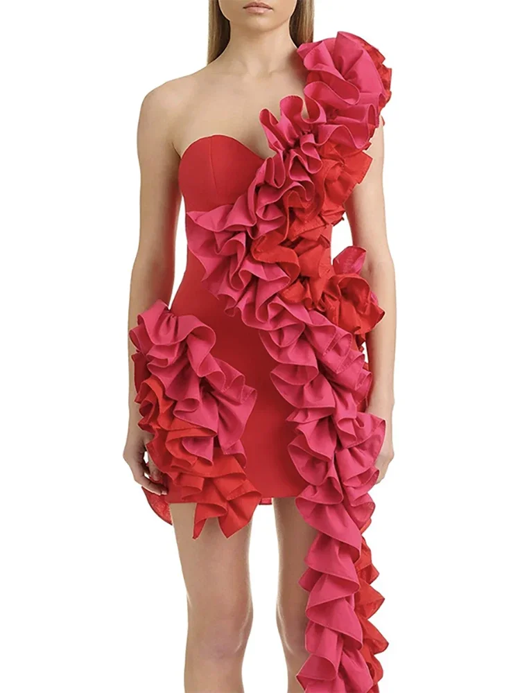 Sexy Een Schouder Ruches Kwastje Bandage Jurk Vrouwen Rose Rood Gegolfd Asymmetrische Mini Bodycon Jurken Cocktail Avond Feest