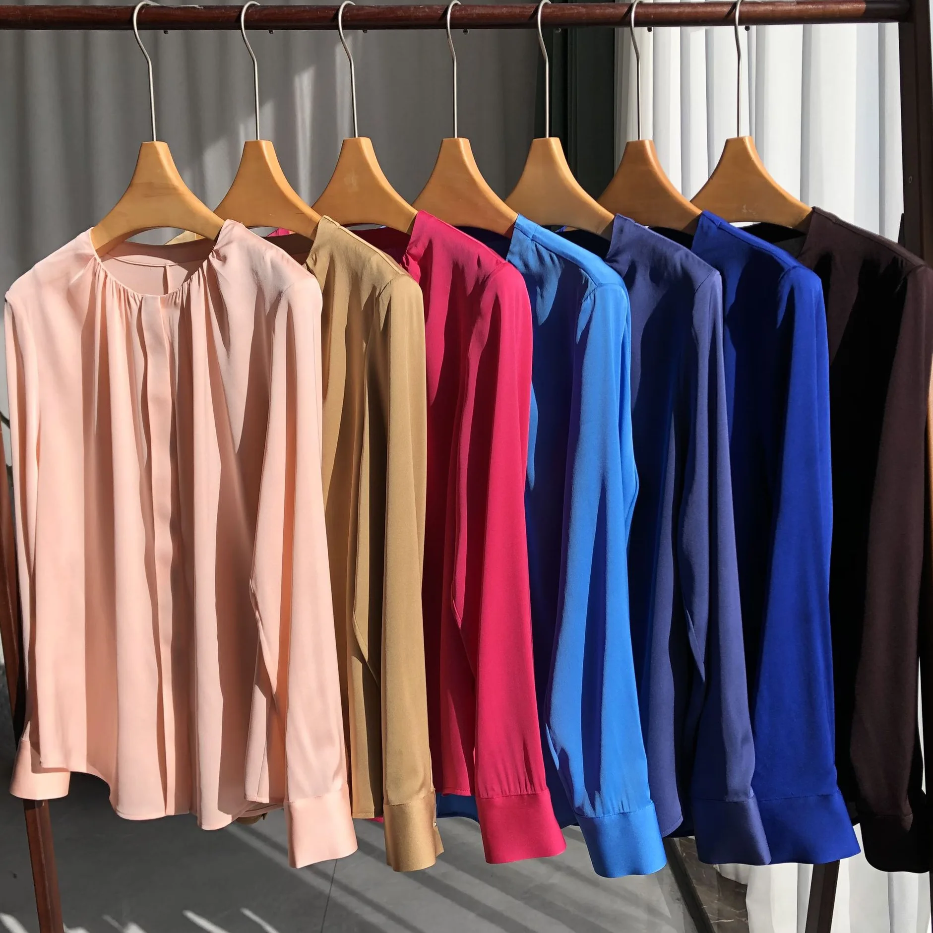 Women Real Silk Satin Fashion Elegant Round Neck Long Sleeve Shirts Solid Color High Quality Office Tees Pullover Stretch Brand