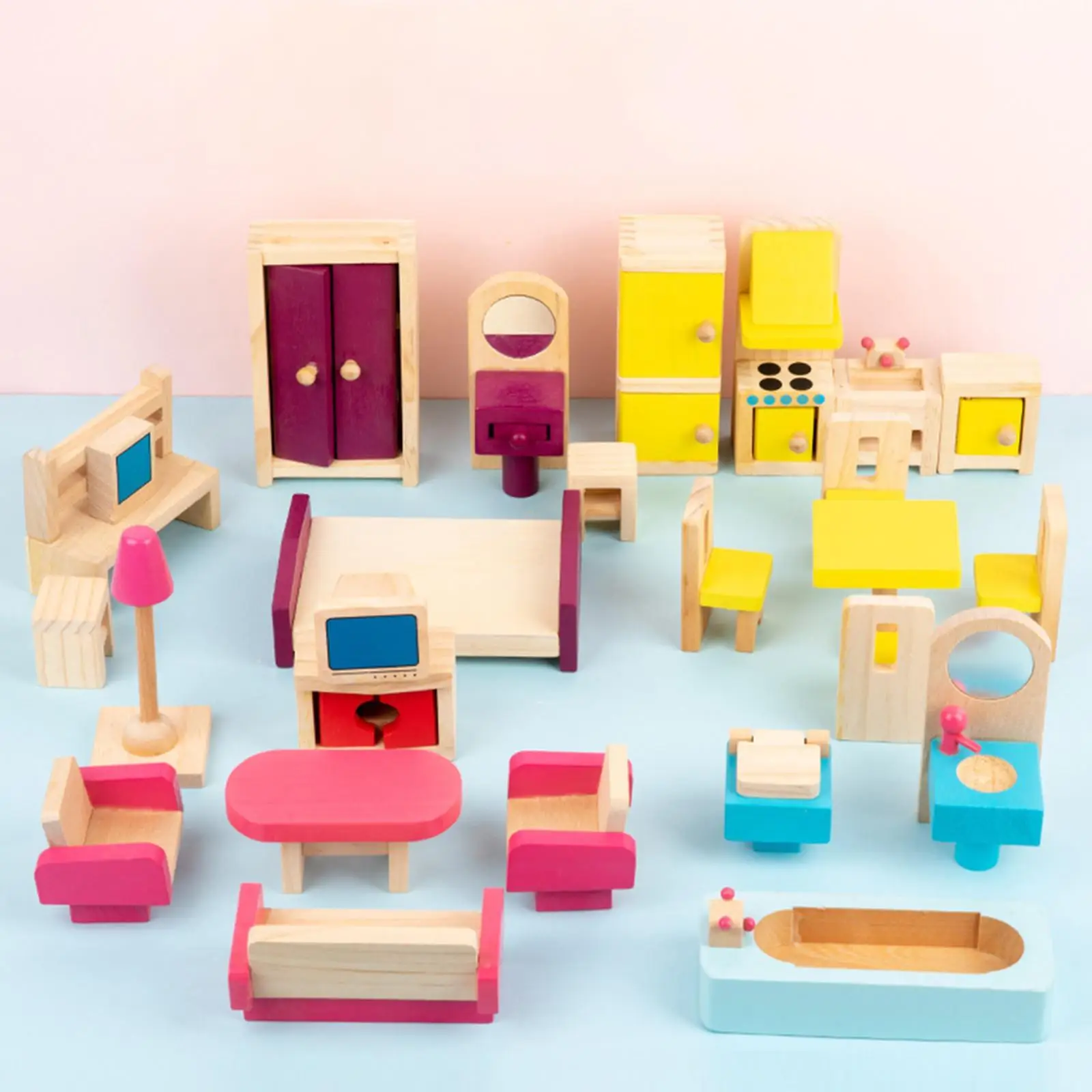 

26Pcs Wooden Dollhouse Furniture Toy Doll House Furniture Toys Bathroom Realistic Playhouse Furniture for Toddlers Boys Girls