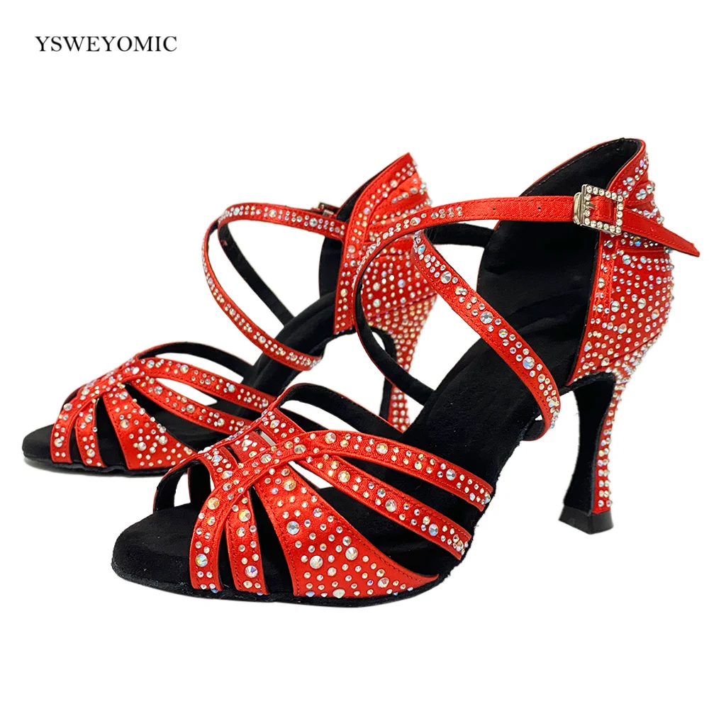 Red Rhinestones Salsa Dance Shoes 9cm Heel 2023 Winter Style Sexy Latin Ballroom Dance Party Sandels For Women