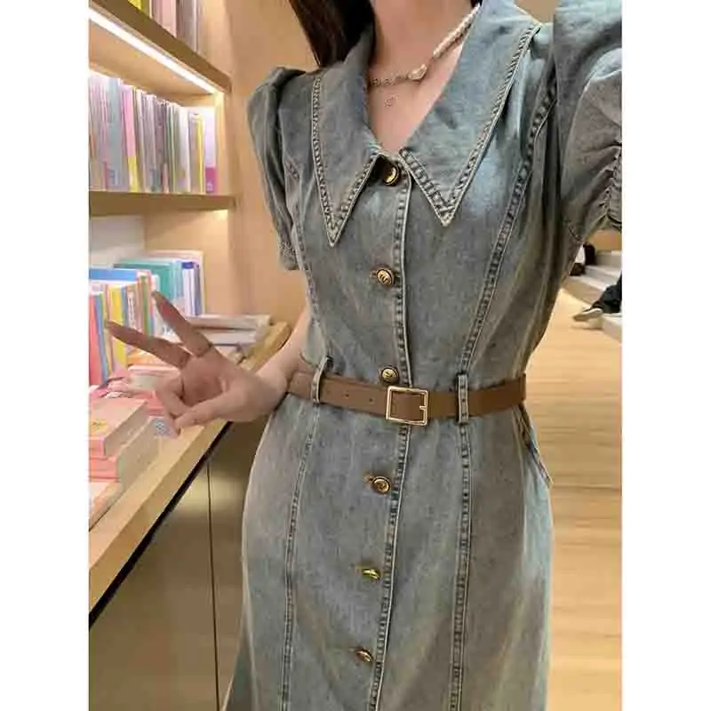 2024 Hong Kong Flavor Female Denim Dress New High Waist  A-line Jeans Dress Women Design Sense Summer Short Sleeved Cowboy Dress