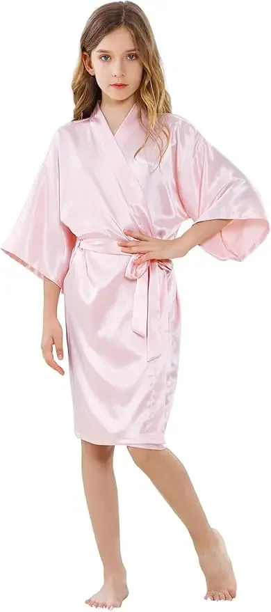 Girl's Kid's Silky Satin Solid Color Short Kimono Robe for Wedding Birthday Party Spa
