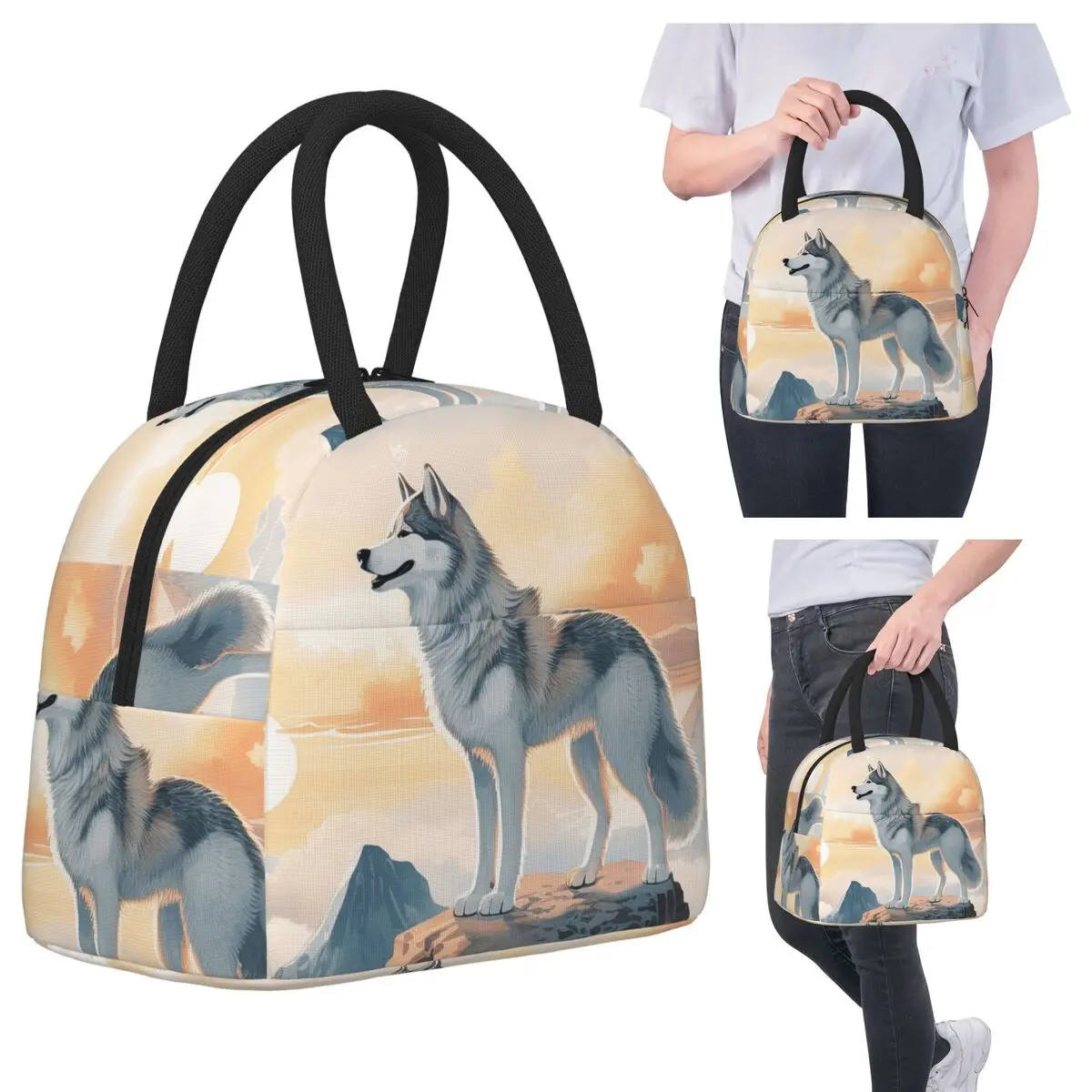 Borsa per il pranzo Siberian Husky In The Mountains Borsa per il pranzo isolata Bento Box Borsa per il pranzo impermeabile Borsa termica per donna Ufficio per bambini