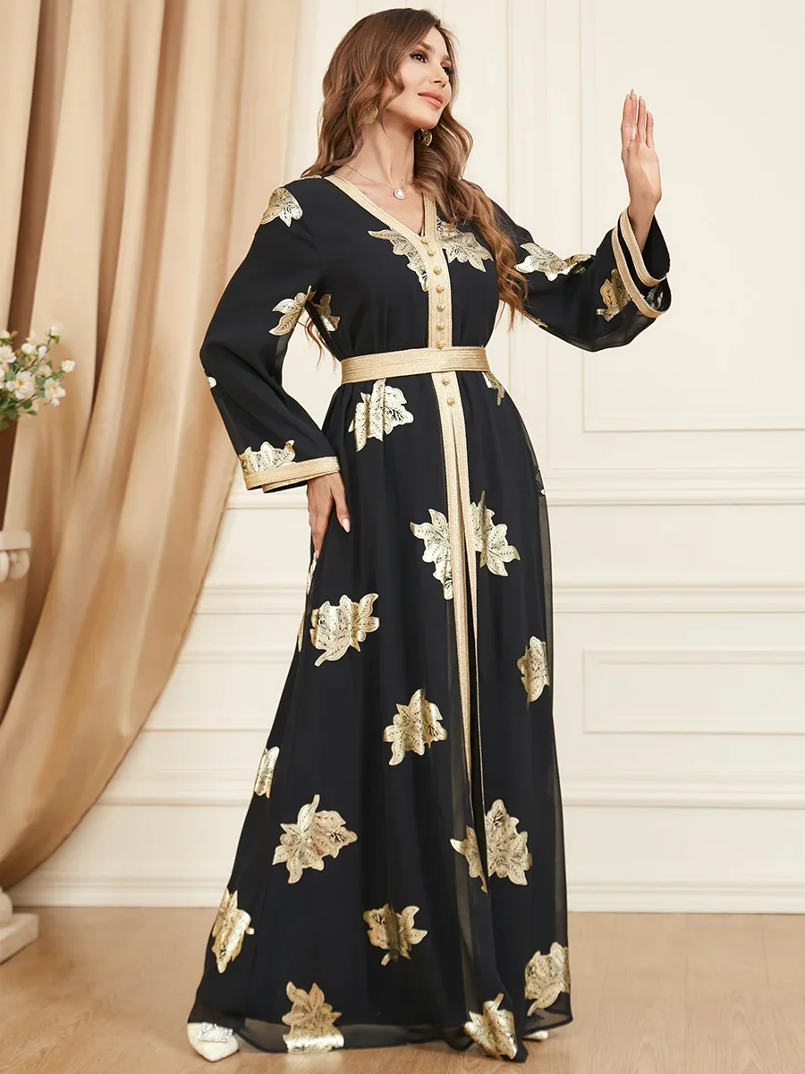 Eid Abito musulmano Abaya Donna 2 pezzi Set Marocco Abiti da festa Ramadan 2025 Cintura Caftano Abiti Maxi Abaya Set Abito elegante