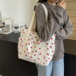 Cute Strawberry Shoulder Bag Women Large Capacity Corduroy Handbag Fashion Casual Shopping Bag Commuter Girls Tote Bag Book Bag