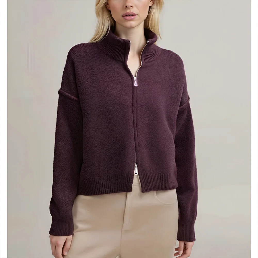 سترة مشغولة من الصوف البلوزات النساء الصلبة لاعبا سستة الوقوف طوق طويلة الأكمام طفيف تمتد فضفاض عادية 2025 الخريف الشتاء