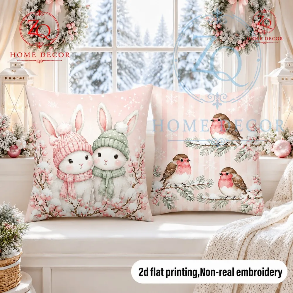 Robin Snow Scene Printed Pillowcase St Pink Tones Christmas Home Decor Bedside Sa Back Pillowcase
