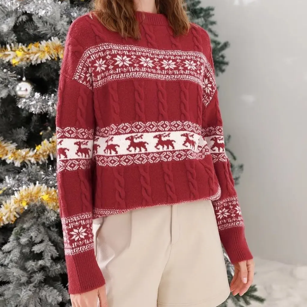 

Women's Jacquard Knitted Sweater Long-Sleeved Top European And American Style Autumn Winter Christmas New Wish