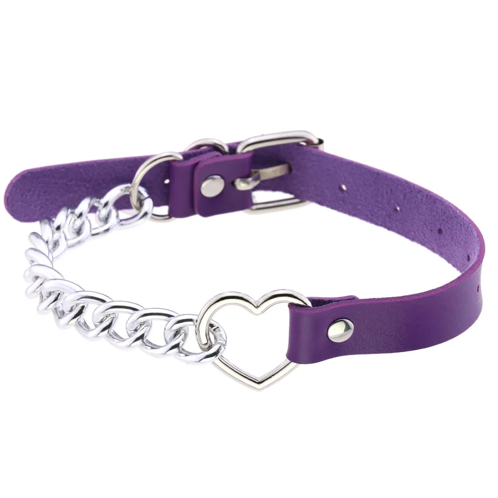 

Purple Leather Heart Choker Collar Chain Necklaces For Women Girls Cute Jewelry Neck Goth Accessories