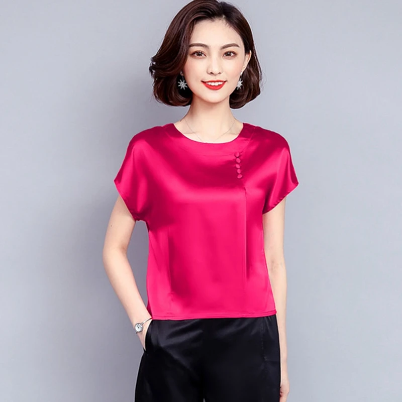 

Silk Shirts And Blouses For Women Fashion 2023 Summer Short Sleeve Button Solid O-Neck Basic Top Female Clothing