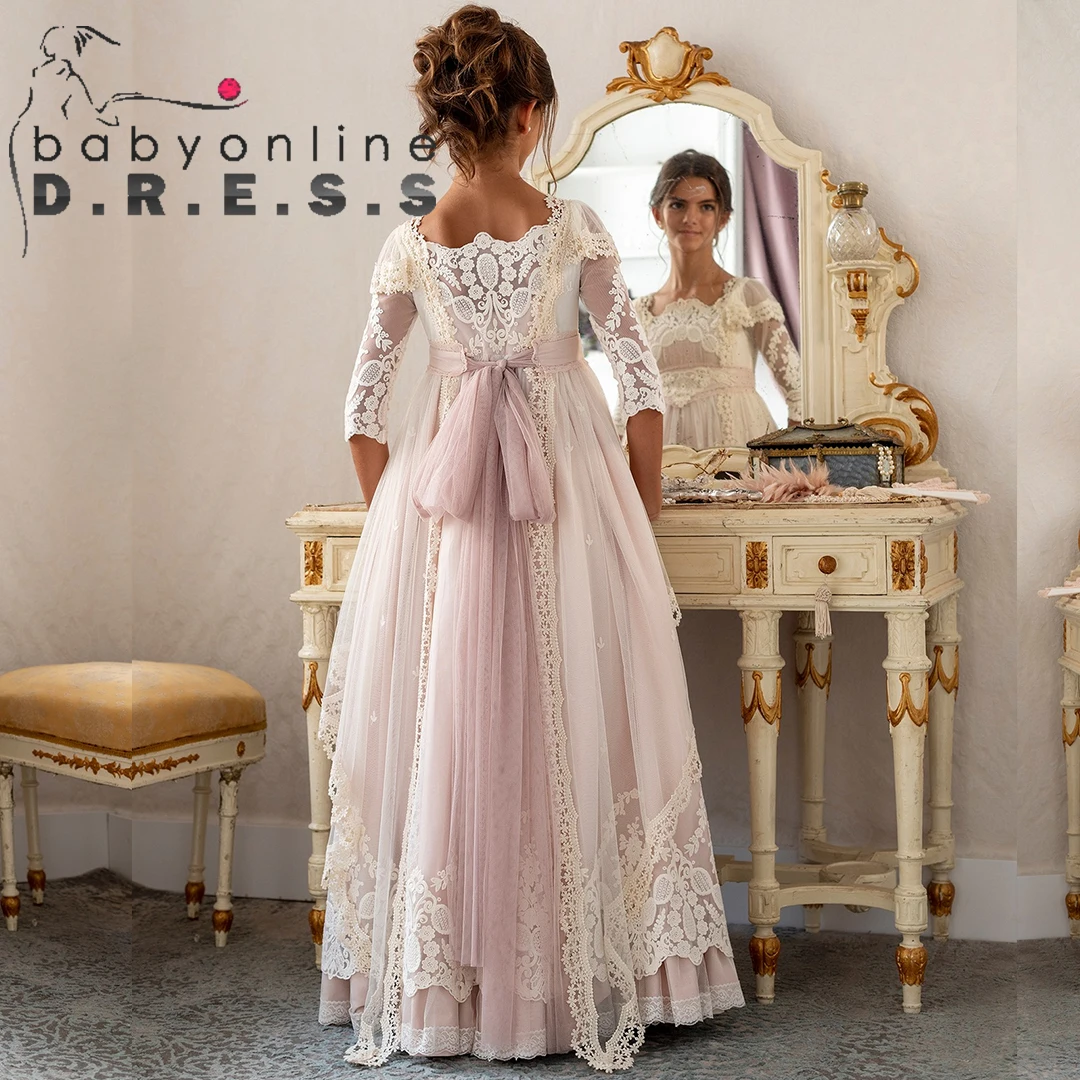 BABYONLIN CustomizedCommunion Ceremony Dress Lac Full Illusion Laces Half- Sleeve Layered Floral Belt Embroidery MiniBride Gowns