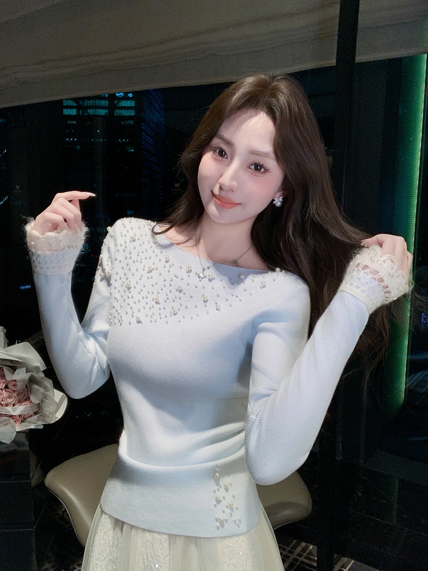 

Ele Pearl Embellied Knitted Sweater Women's Autumn Winter New Sle Beautiful Unique Top by Zhang Xinyou