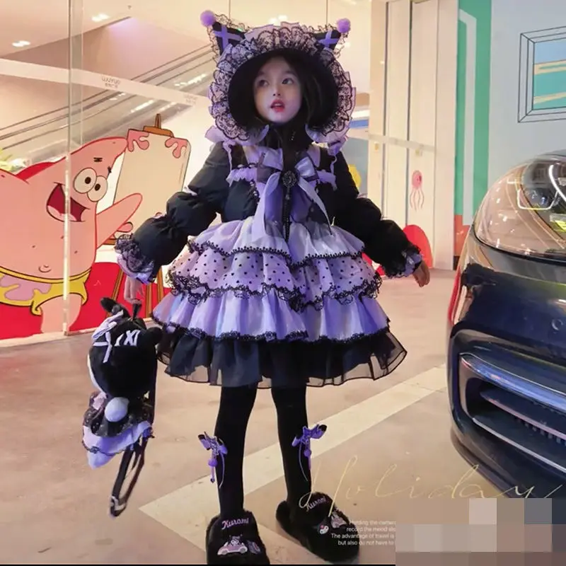 

Sanrio Anime Kuromi Girl Lolita Long Down Jacket Dress Winter Thick Coat Bow Decoration Birthday Dress Velvet Top Halloween Gift