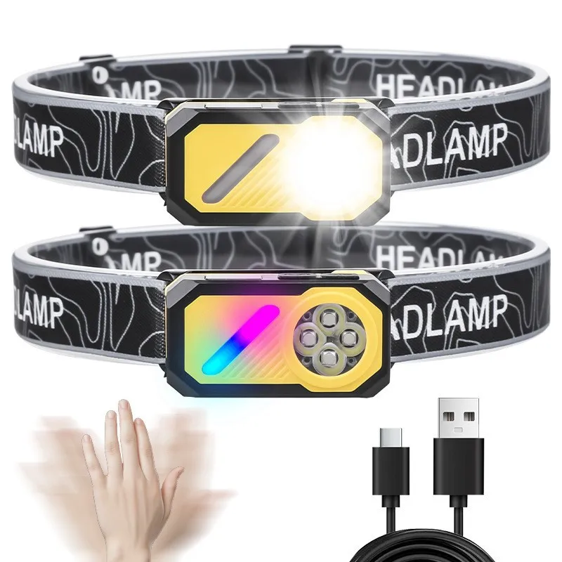

Налобный фонарь 2-в-1 со светодиодным датчиком и RGB-подсветкой, магнитным креплением на кепку, перезаряжаемый через USB-C, для активного отдыха, кемпинга и бега
