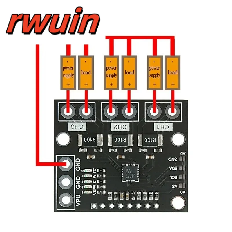 I2C SMBUS INA3221 Triple-Channel Shunt Current Power Supply Voltage Monitor Sensor Board Module Replace INA219 With Pins