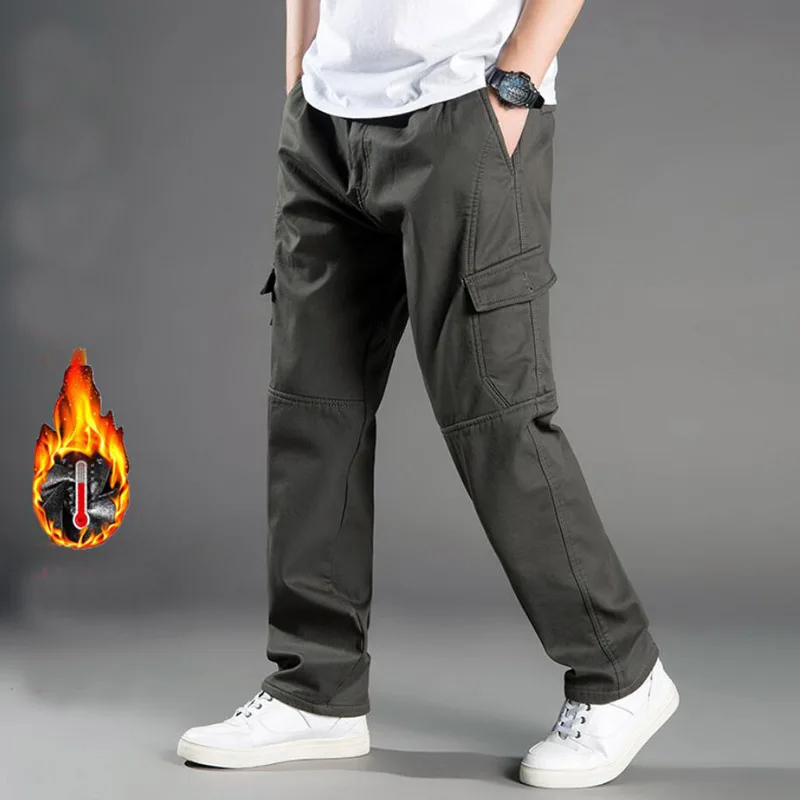 Big size 6XL 130kg Large Size Autumn Winter Men Cargo Pants Fleece warm Cotton Pocket Loose Casual Safari Style Pants 68 70 74