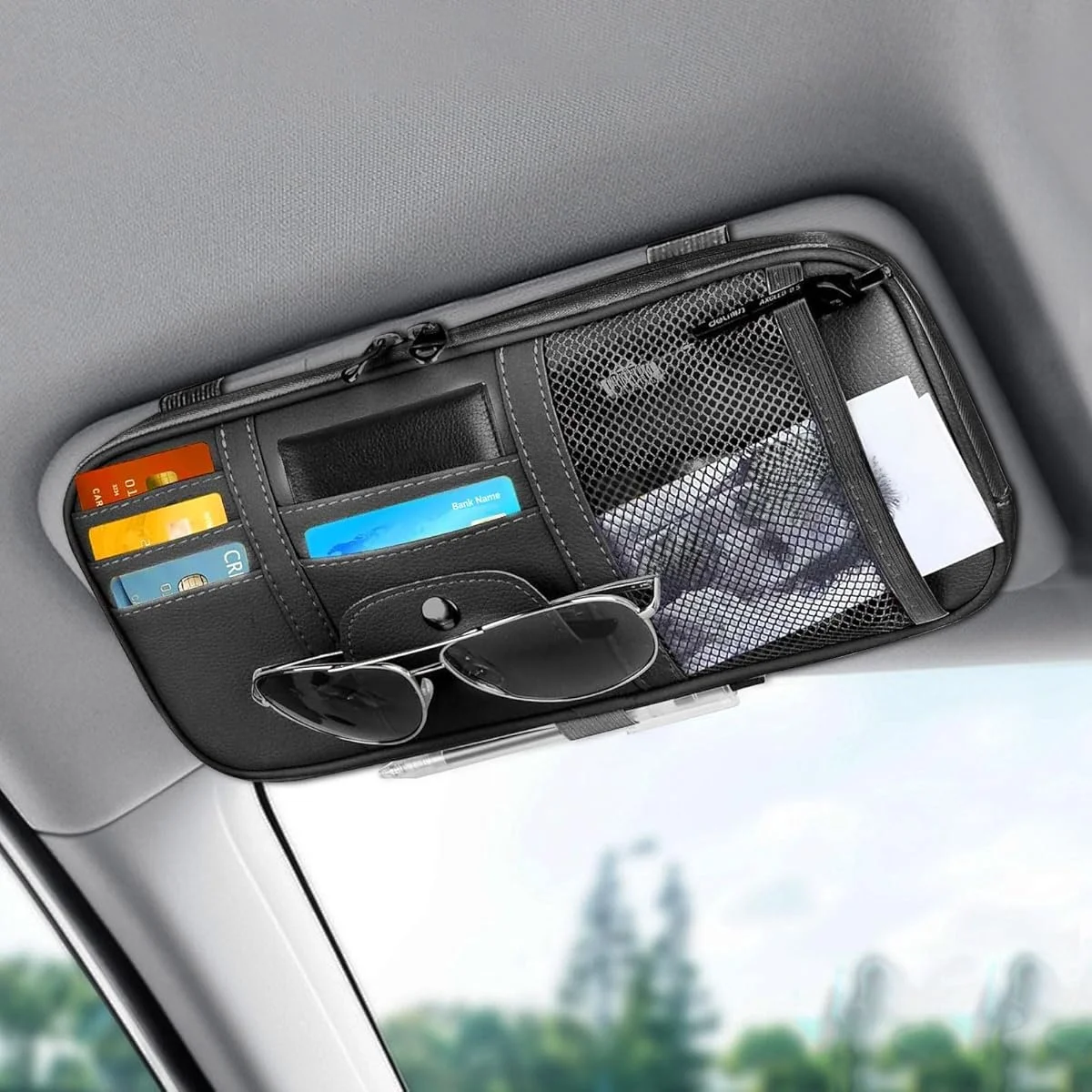 Organisateur de pare-soleil de voiture noir multi-poches avec rangement pour cartes, lunettes et documents, poche suspendue pour pare-soleil pour voitures, SUV, fourgonnettes et camping-cars, accessoire de voiture