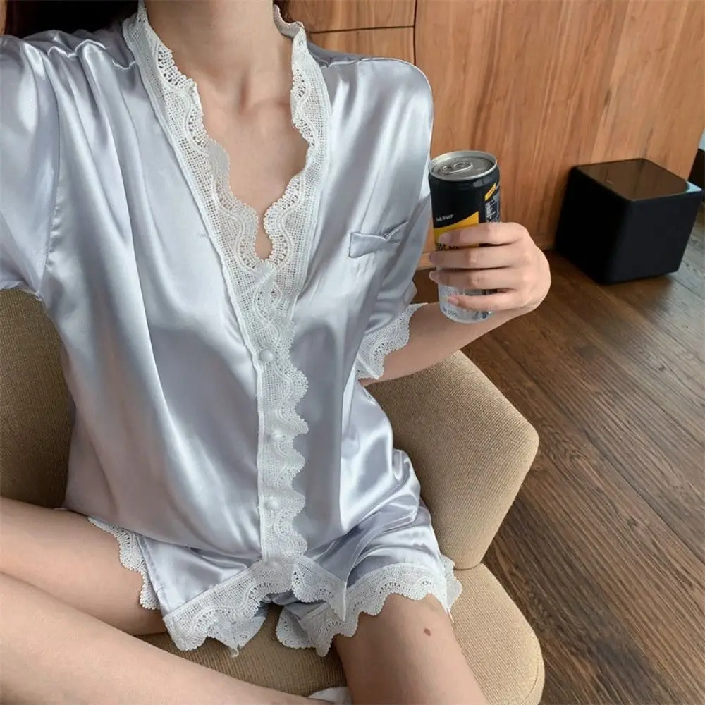 

Ice Silk Lace Pajama Suit Loose V Neck Sweet Short Pajamas Short-sleeve Women Sleepwear Two Pieces Sleepwear Sets Lady Girl