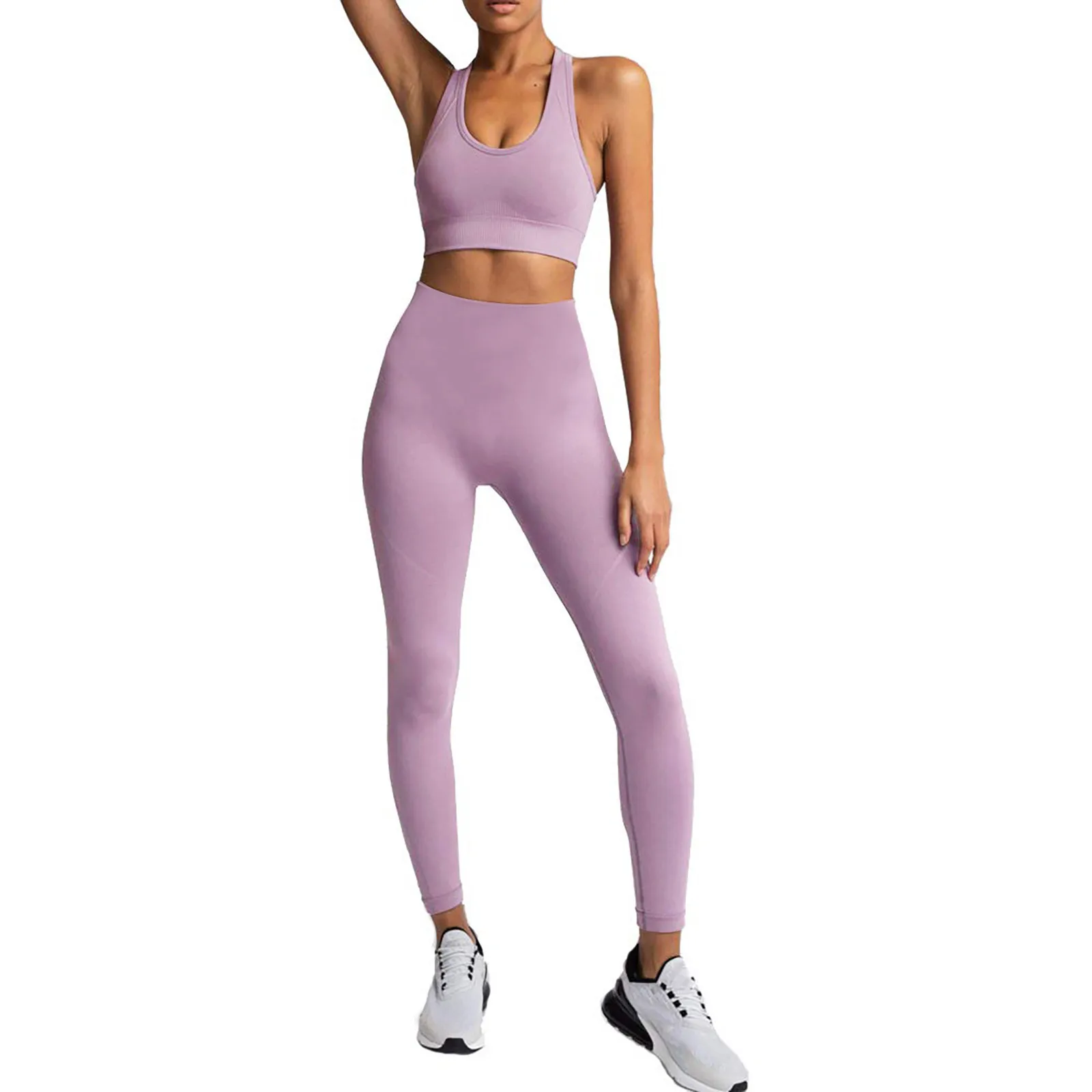 Ladies’ Two Piece Solid Color Comfortable And Breathable Seamless Yoga Leggings Suspender And Long Trousers Fitness Clothing