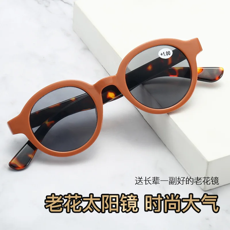 Nuovi occhiali da sole con montatura rotonda da lettura full-frame alla moda vintage, occhiali da lettura per la casa con lenti grigie