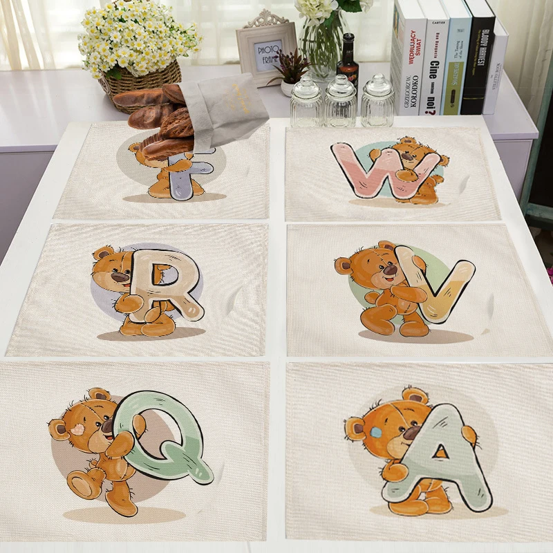 Cute Cartoon Animal Bear Kitchen Placemat for Children Kids English Alphabet A-Z Print Cotton Linen Dining Table Mats Coaster