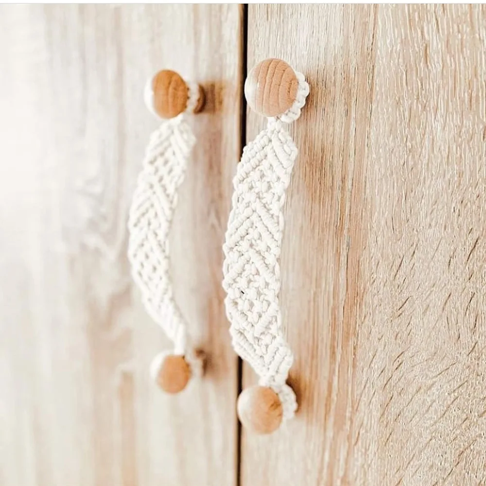 1 Pair Ins Handwoven Beech Wood Cotton Rope Drawer Pull Macrame Wardrobe Handle Solid Wood Knob Homestay Hotel Home Decoration