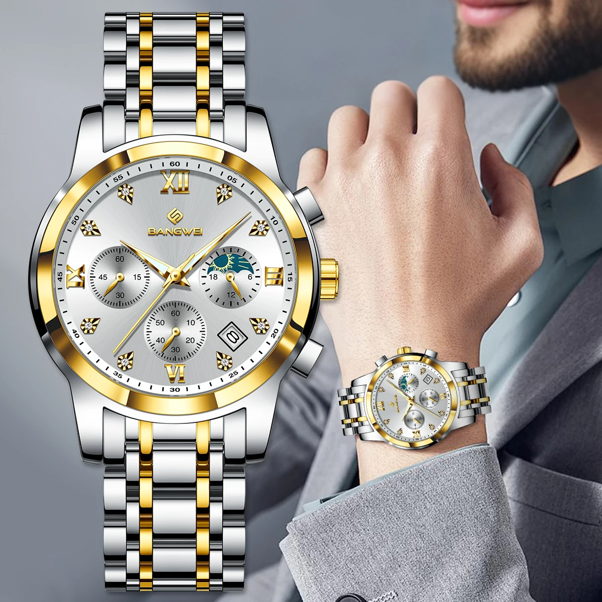BANGWEI Neue Luxus-Herrenuhren Mode Weiße Original-Quarz-Armbanduhren …